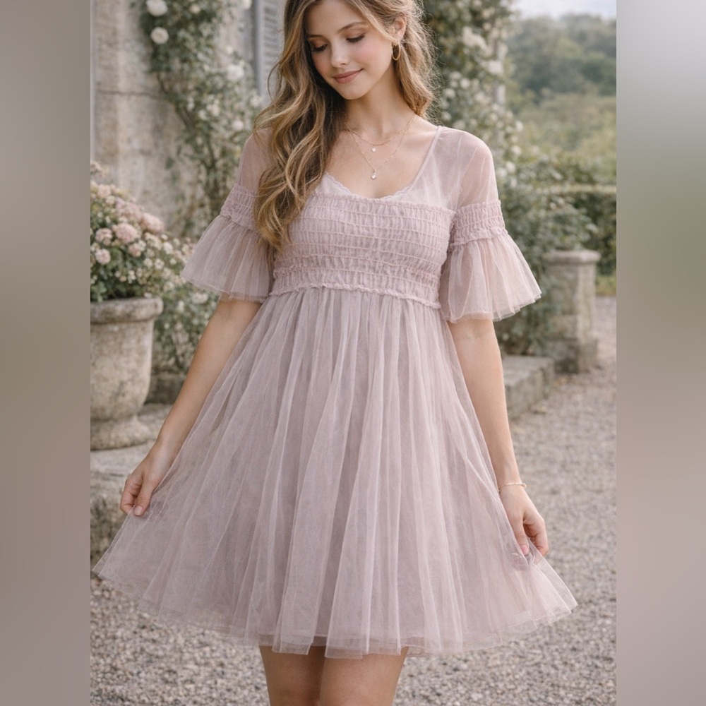 Little Mistress Mauve Tulle Mini Dress with Smocked Bodice Sheer US Size 2
